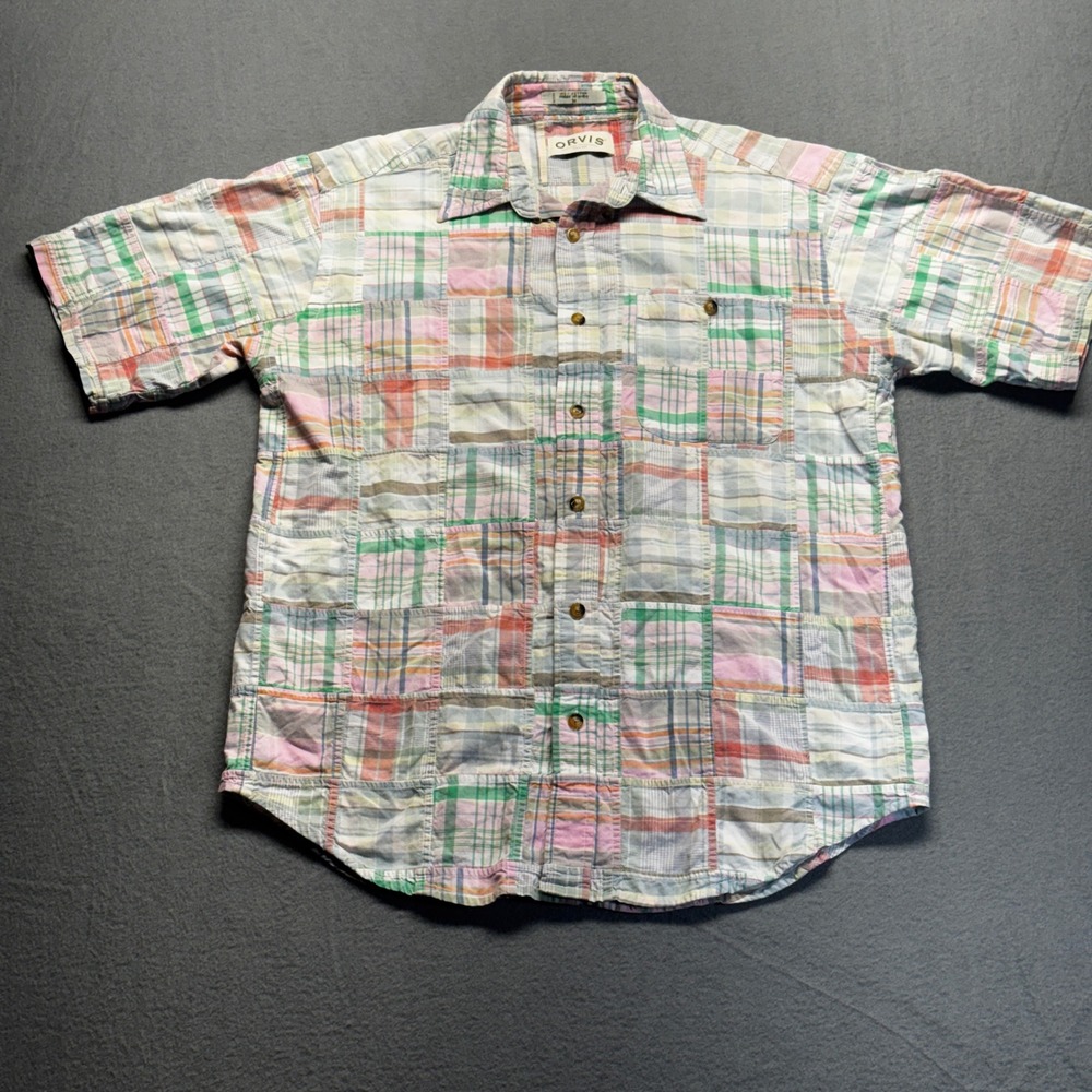 Orvis Mens Medium Patchwork Madras Plaid Short Sleeve Cotton Button Down Shirt
